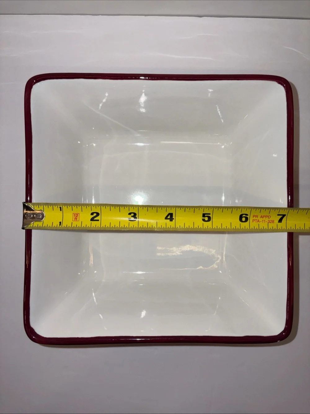 The Pampered Chef Square Ceramic Dish with Red and Multicolor Stripe Trim